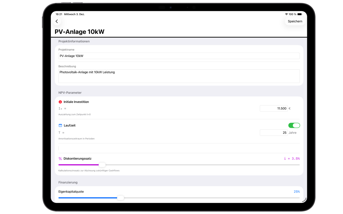 NPV Analytics - Projekteingabe auf iPad