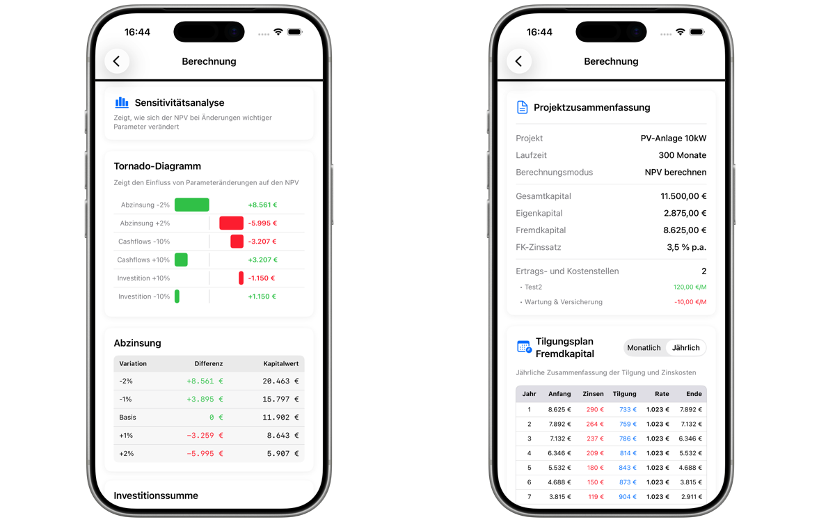 NPV Analytics - Sensitivitätsanalyse auf iPhone